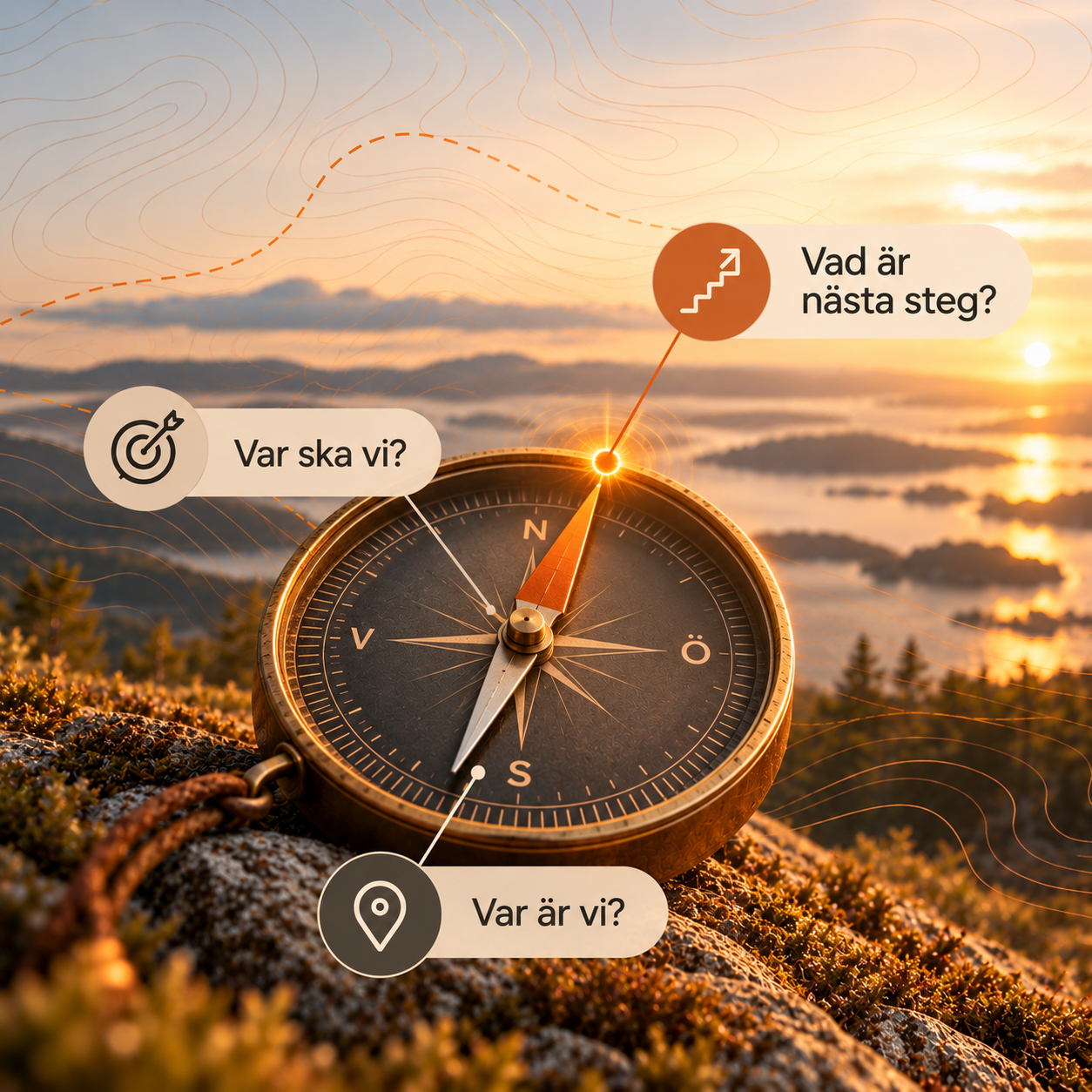 En kompass i ett varmt landskap med frågorna: Var är vi? Var ska vi? Vad är nästa steg?